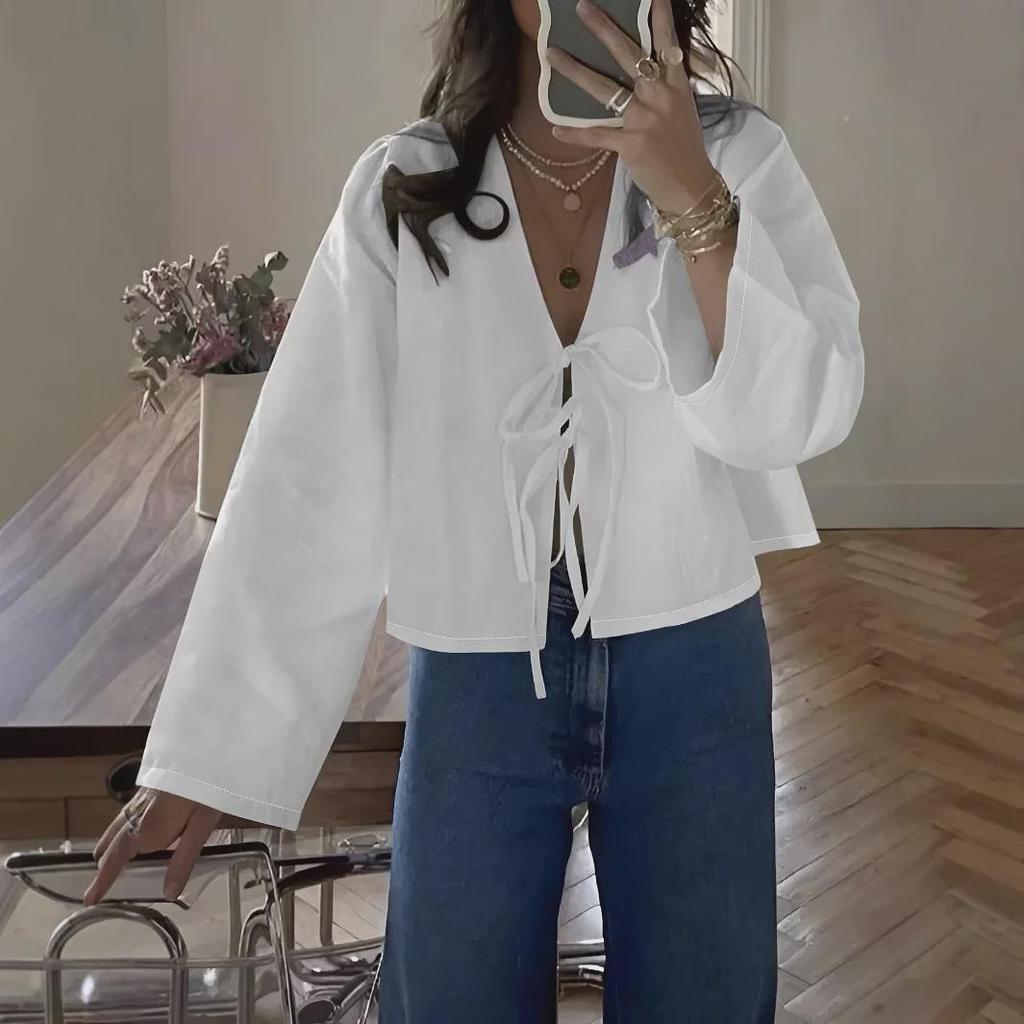 Women's Long-Sleeve V-Neck Lace-Up Solid Color Commuter Shirt