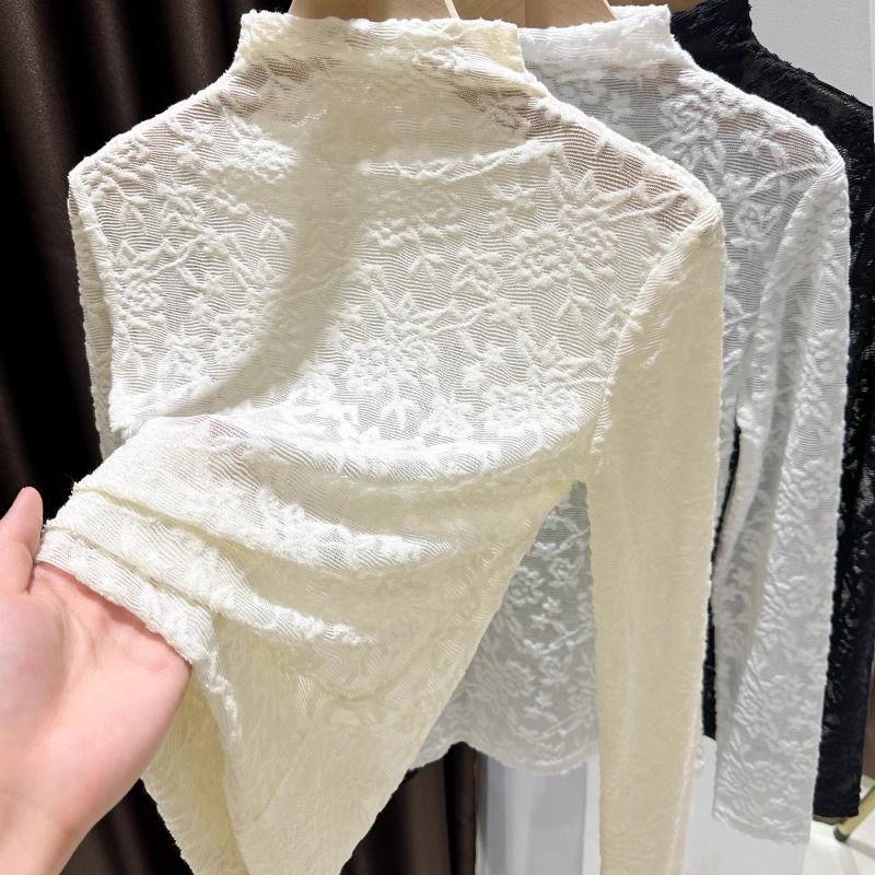Čierny čipkovaný sveter pre ženy na jeseň a zimu, vzorovaný sieťovaný sveter s polovysokým výstrihom, tenkým dlhým rukávom