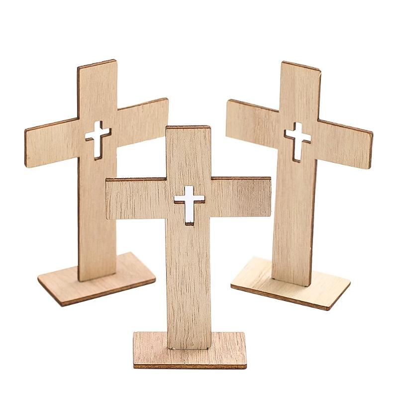 24pcs Natural Wood Standing Cross Ornaments Christian Symbol DIY Craft Decor for Church Home Prayer Festival Gifts