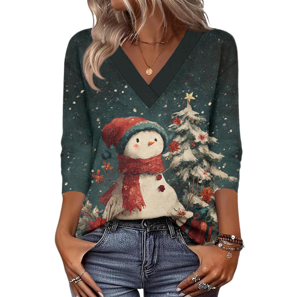 Women's Loose Comfortable Casual Fashion V-Neck Christmas Print 3/4 Sleeve Top