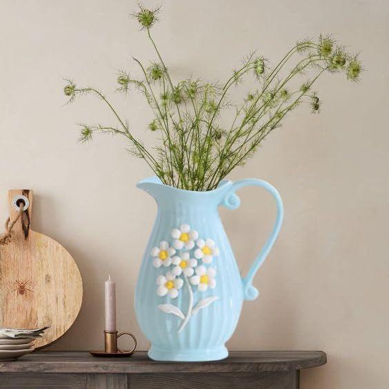 Modern Decorative Ceramic Vase with Handle | for Home Decoration (Sky Blue)