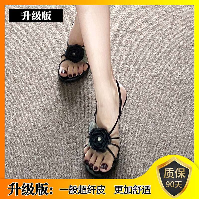 Soft leather version~ Flower sandals with skirts, fairy style gentle thin heels, high heels, female summer one-word buckle belt, not tired feet