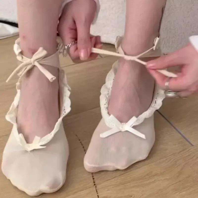 Girl Lolita Modern Dance Latin Dance Socks Ballet Lace Tie Straps Boat Socks Bowknot Women Fishnet Slippers