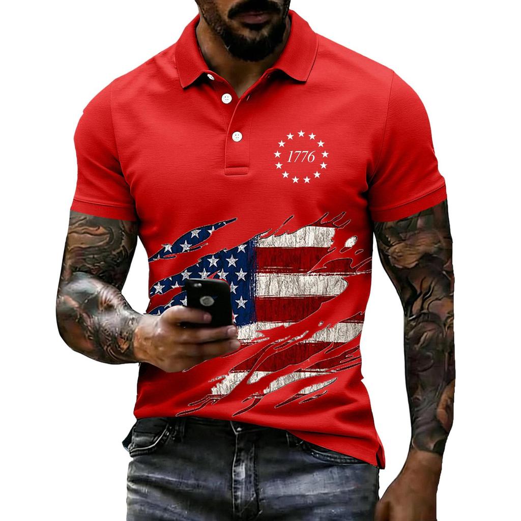 Men's Loose Fit Casual Polo Shirt Short Sleeve Flag Print 1776 Graphic Design Button Collar Summer Top