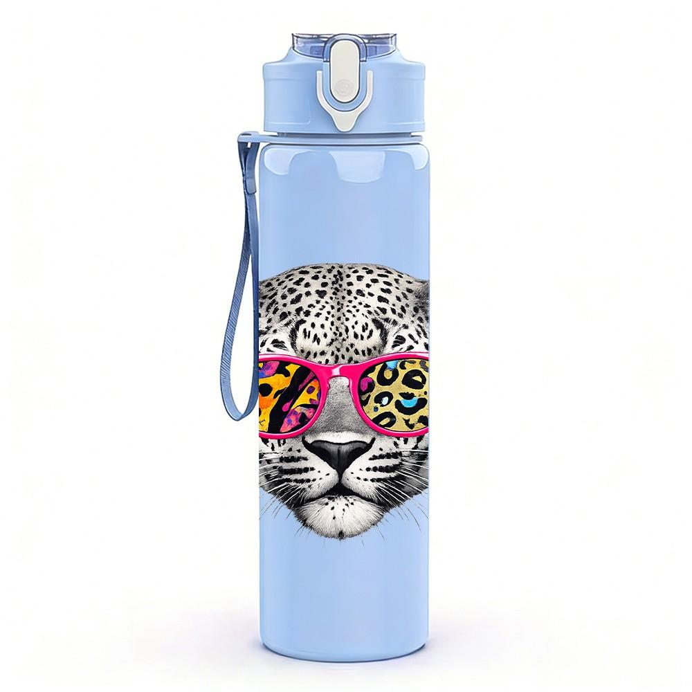 1PC Fashion Sunglasses Leopard Cat Print 750ml Color Plastic Sports Water Bottle Leakproof Flip Straw Lid Suitable for Sports Office Home Use