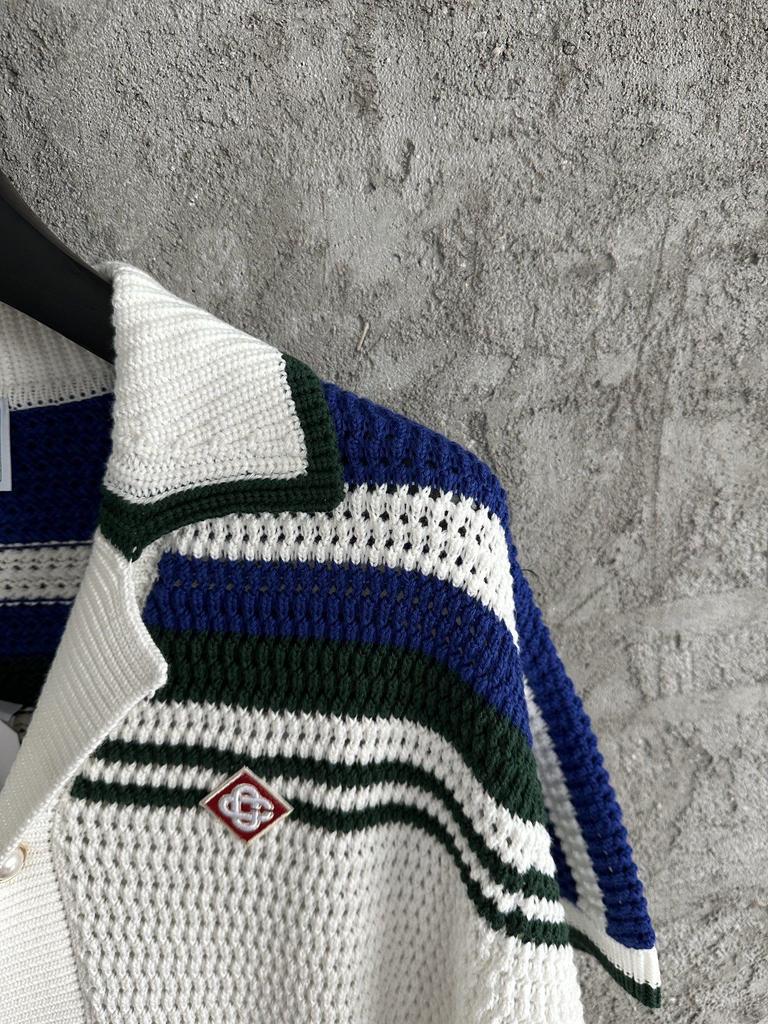 Skladem CASABLANCA Modrý pruhovaný Ručně pletený Svetr Cardigan z Čisté Bavlny