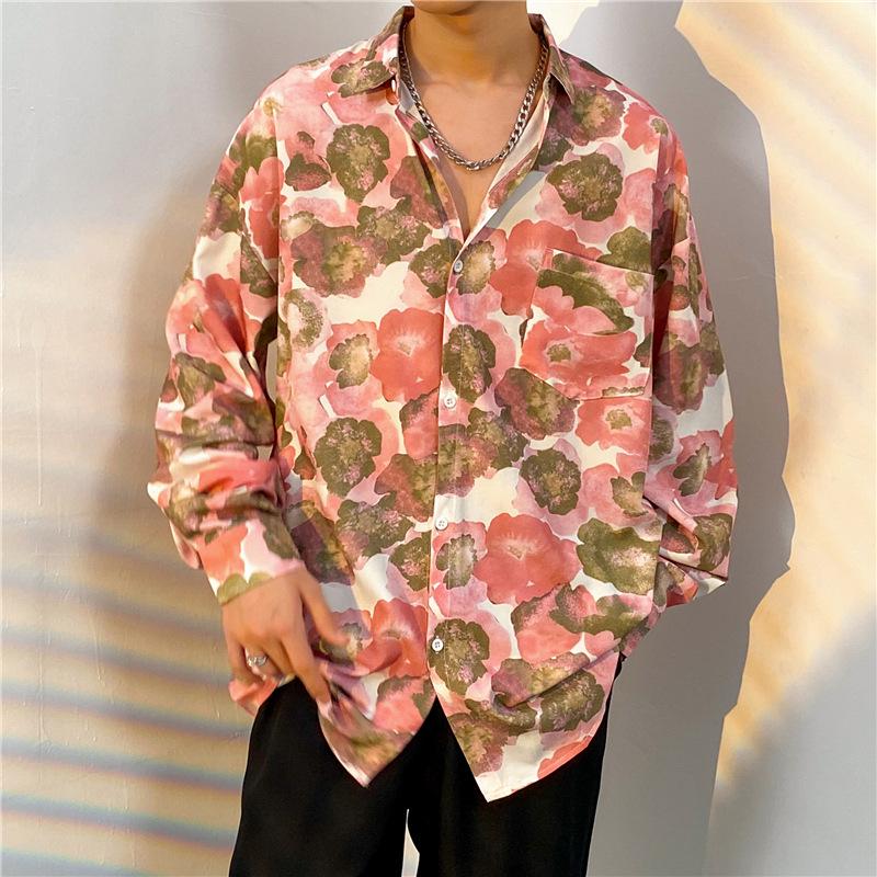 Unisex Thai Vintage Floral Long-Sleeve Shirt, Loose Fit for Street Dance, Spring/Autumn