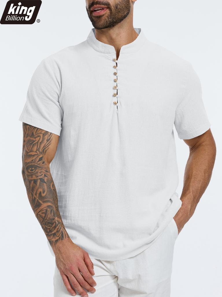 Yaz Yeni Erkek Pamuk Keten Tişört Kısa Kollu Nefes Alabilir Hafif Düz Renk Erkek Moda Henley Yaka Düğmeli Üst