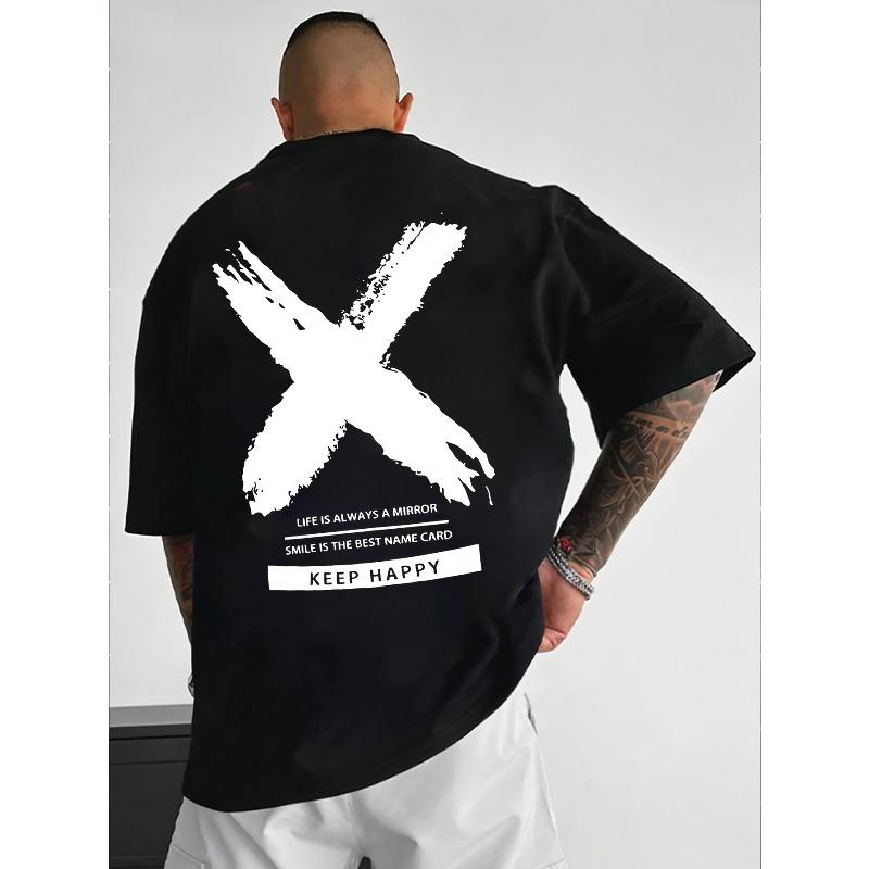 

European Size Men s Keep Happy Motivational Print T-Shirt - Black Summer Short Sleeve Crew Neck, Lightweight Cotton-Spandex,Streetwear Casual M чорний