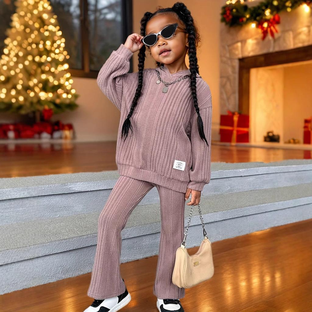 Girls Warm and Comfortable Elastic Hoodie & Bell Bottoms 2-piece Suit Children's Casual Suit