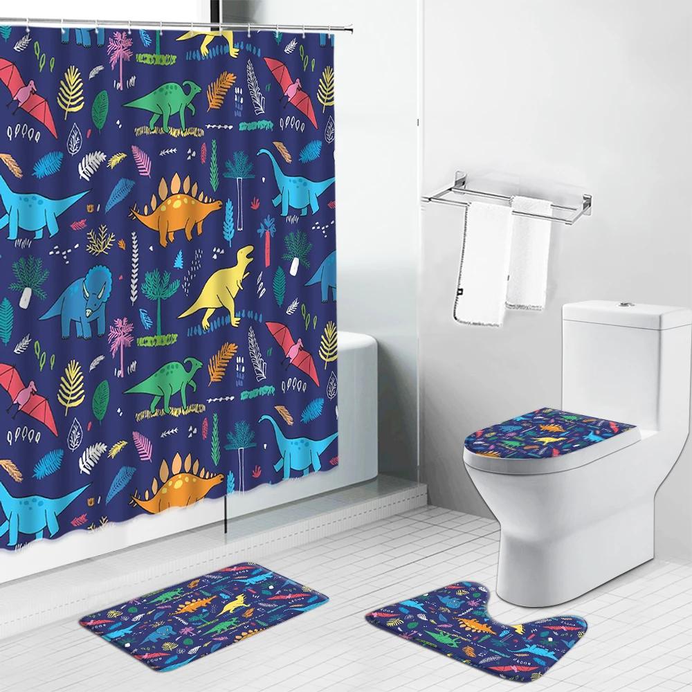 

Cartoon Animals Dinosaur Shower Curtains Set Child Baby Bathroom Screen Flannel Non-Slip Rugs Toilet Lid Cover And Bath Mat W60H190(CM)-1 Pcs