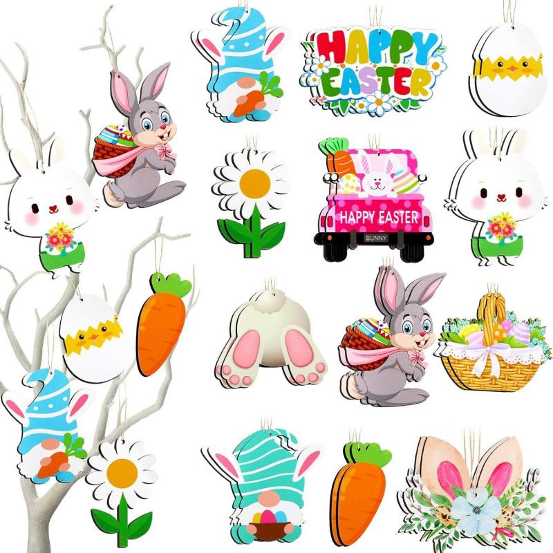 24 Stück Oster-Holzornamente Dekorative Hasen-Eier LKW-förmige Holzscheiben Feiertagsdekorationen Niedliche Hasen-Tischornamente