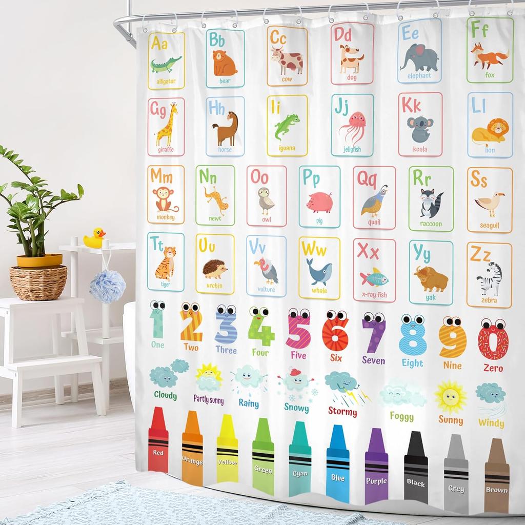 Alphabet Abc Kids Shower Curtain Children Cartoon Cute Animal Colorful Educational Bathroom Curtain Set Number Learning Bath