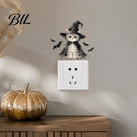 Kids Room Wall Accents Halloween Wizard Cat & Bat Switch Sticker, Self-Adhesive Light Decal, Themed Living Decor Removable for Bedroom Entryway