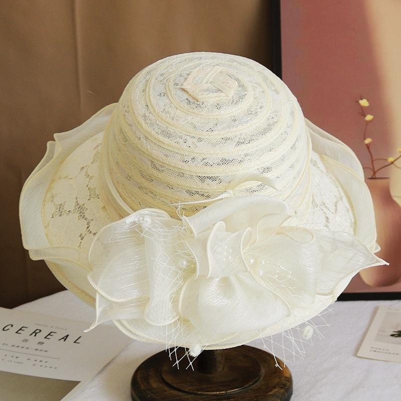 Hat female summer European and American lace breathable sun hat temperament elegant pearl flower bucket hat sun protection sun hat tide