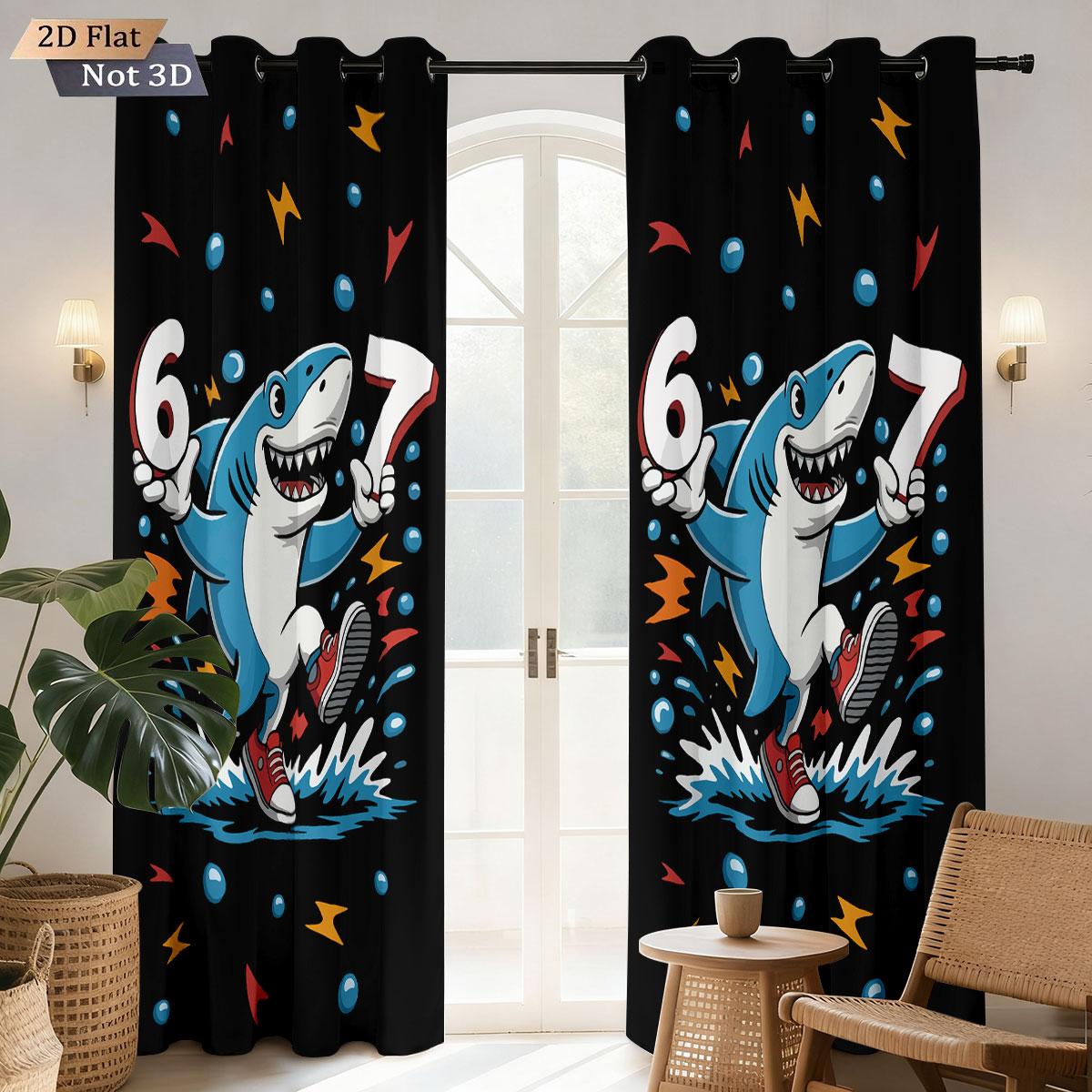

Funny Cartoon Shark Element Printed Perforated Curtains Multi Size Living Room Bedroom Insulation Decoration Light Blocking Polyester Great Window W100*H70(CM)-Rod Pocket&1PCS