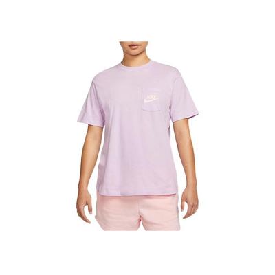 Camiseta Manga Curta Solta Gola Redonda Estampa nas Costas com Design de Bolso Roupas Esportivas Femininas Tops Roxo DQ3154-530