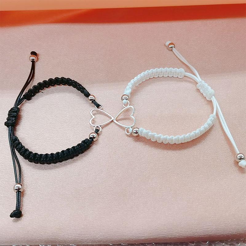Creative Couple Black And White Bracelet With Hollow Love Heart Design Adjustable Alloy Bracelet