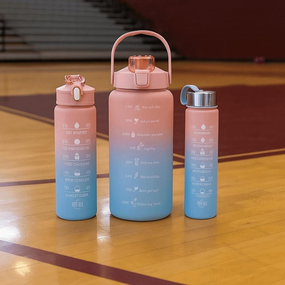 3Pcs Set Large Capacity Gradient Color Sport Water Bottle Plastic with Time Marker Gym Straw Cup Leakproof Water Cup School