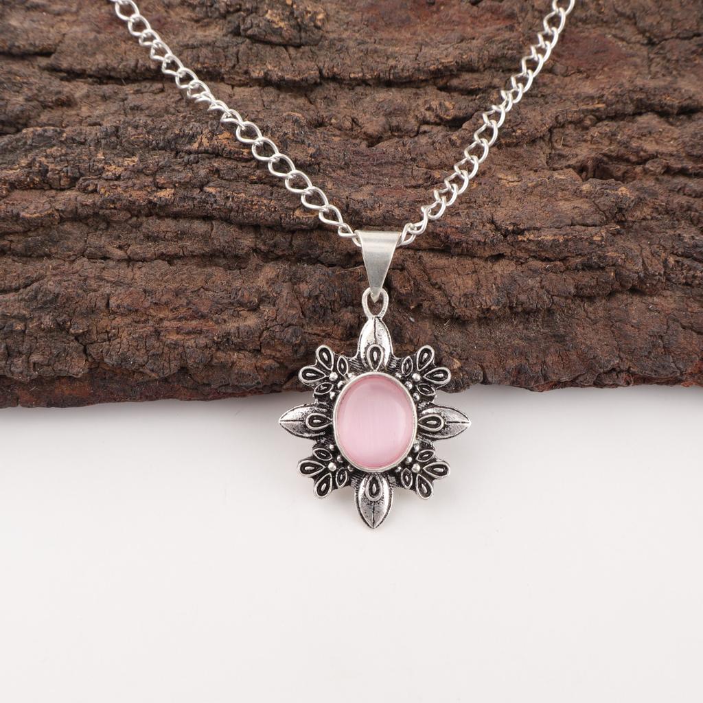 Natura Pink Cat's Eye Gemstone 925 Sterling Silver Handmade Leaf Pendant 1.62" CP-12-44