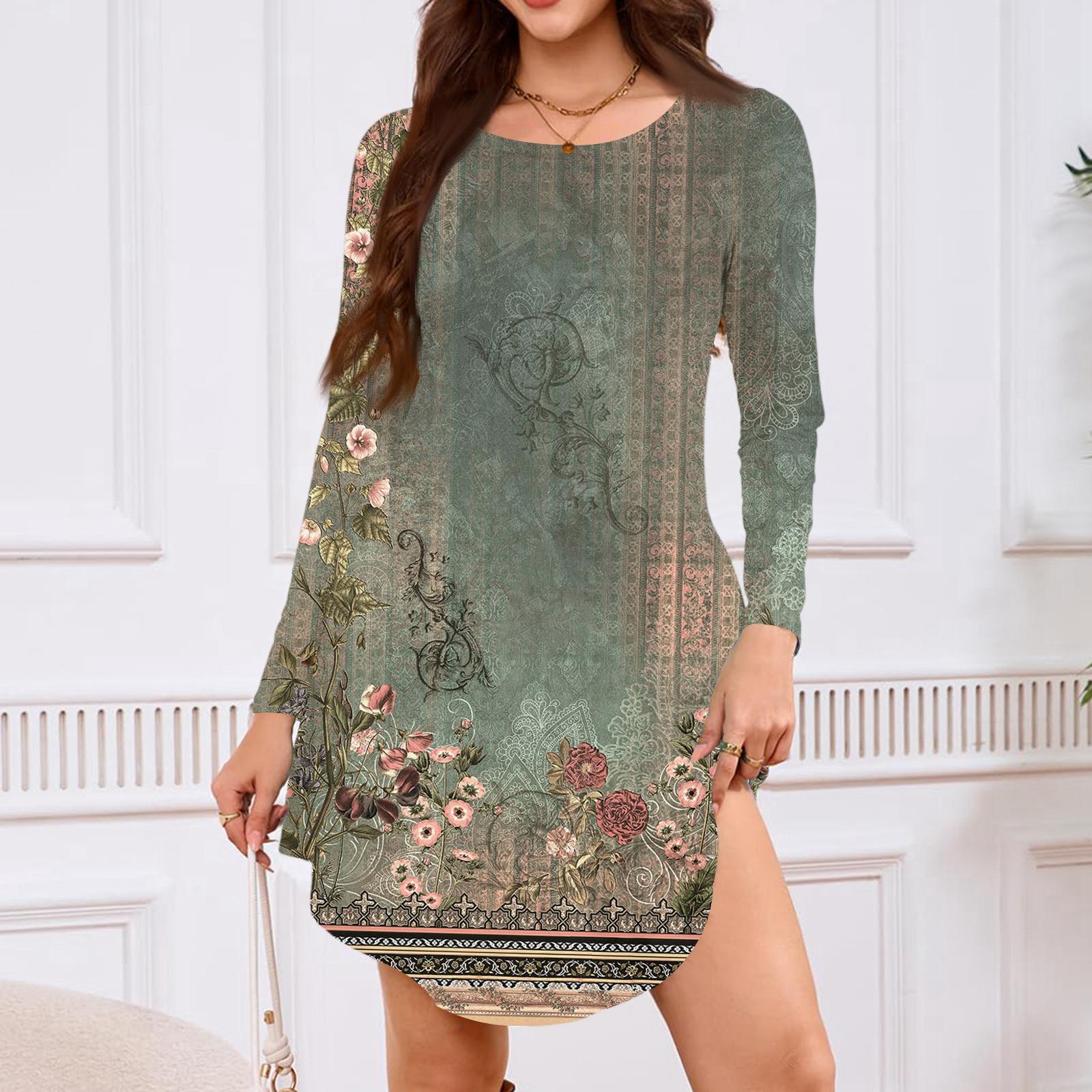 

Women s Long-sleeved T-shirt Dress With Round Neck, Knee-length, Loose Fit, Casual And Pockets L