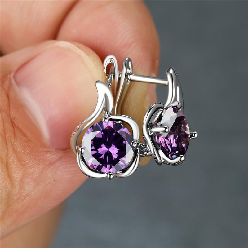 Round Rainbow Red Blue Green Yellow Black Stone Flower Hoop Earrings For Women Silver Color White Zircon Small Ear Buckle Gifts