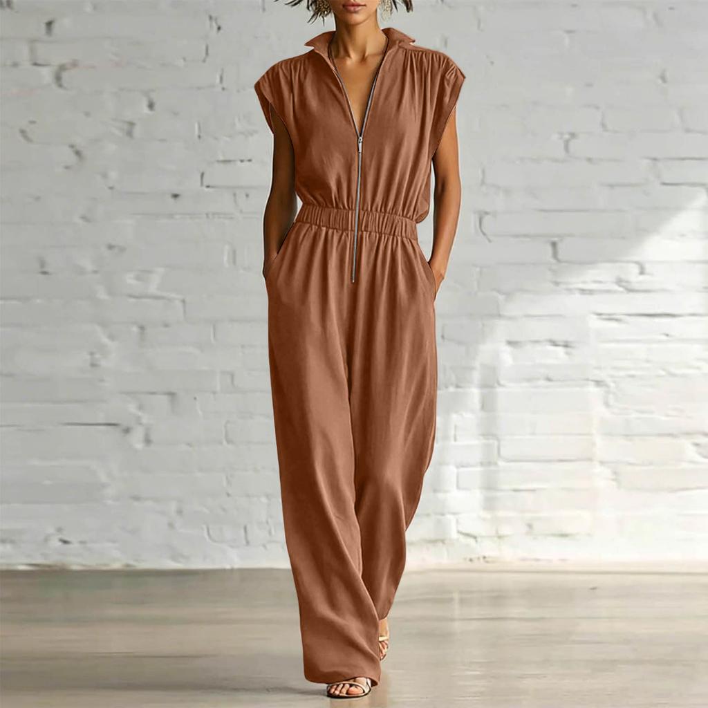 Women V Neck Short Sleeve Jumpsuit Casual Loose Fit Elastic Waist Full Length Romper with Pockets Zipper Front Design