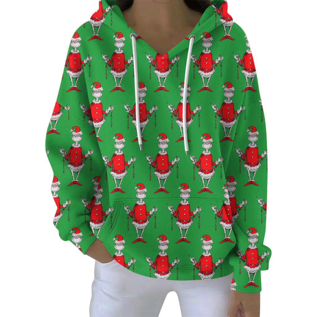 Ladies' Loose And Comfortable Drawstring V-neck Long Sleeved Christmas Printed Sweatshirt