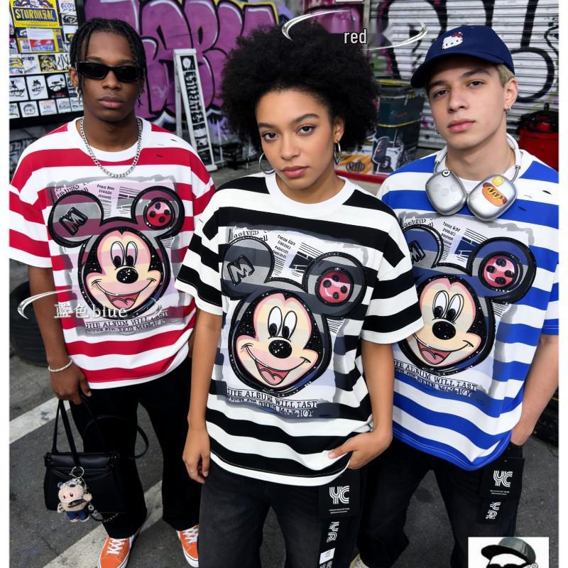 

European & American Trend Heavy Sequin Mickey T-shirt: Women s Loose, Slimming, Stylish Short Sleeve Top One Size синий