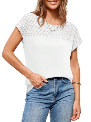 Women's Crochet Knit Short Sleeve Sweater Top Crew Neck Summer Casual Pullover