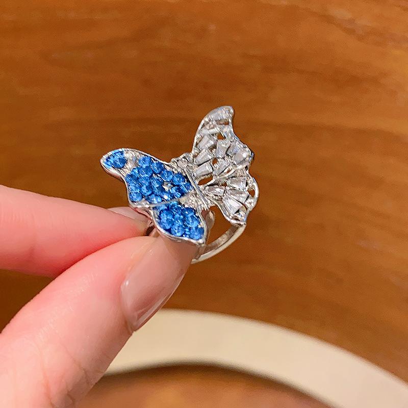 Flash diamond blue butterfly ring women s light luxury exaggerated index finger ring trend first