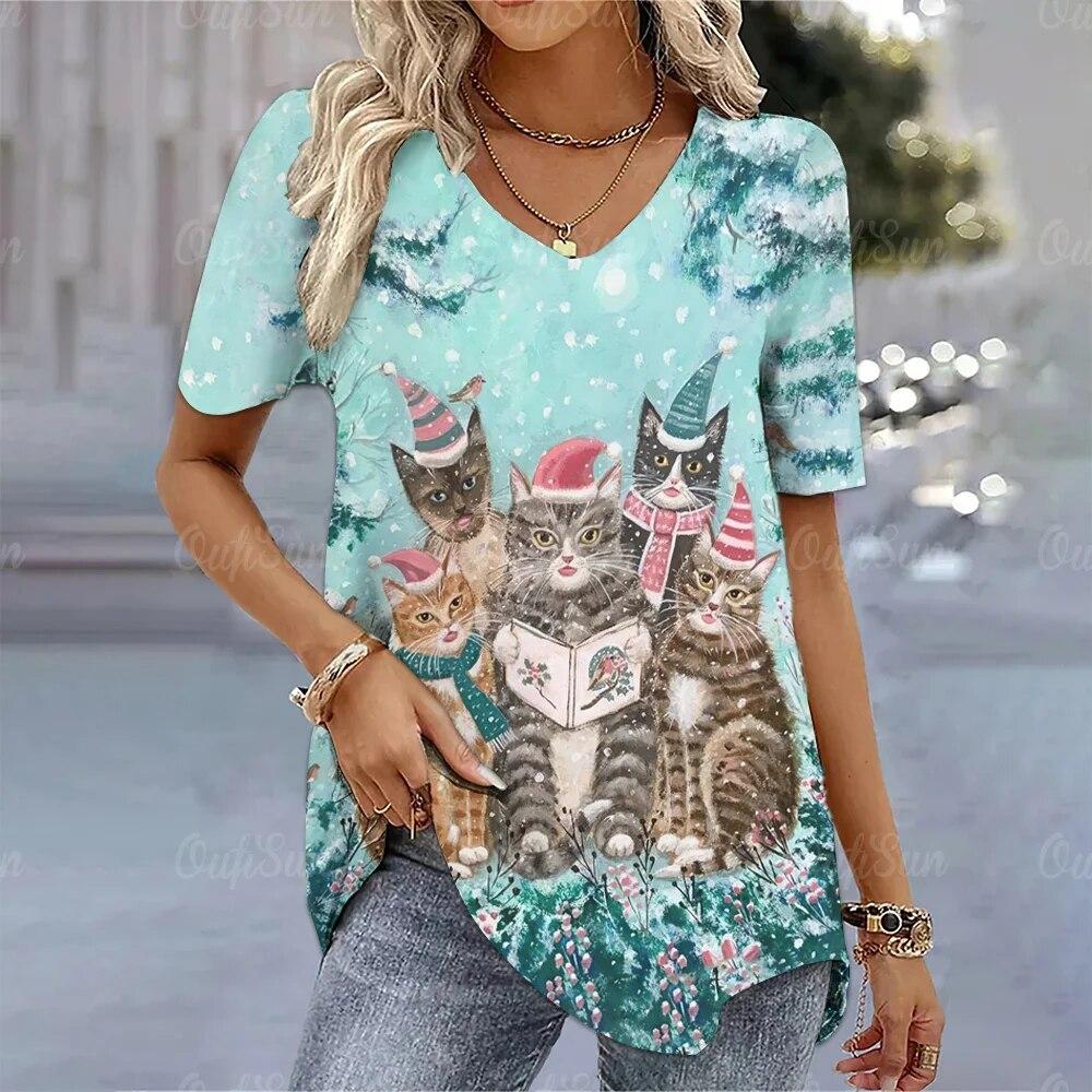 2024 neue Weihnachten Katze Gedruckt T-Shirt Für Frauen Sommer Mode Kawaii Damen Kurzarm T Shirt Tops Festival Femele Kleidung