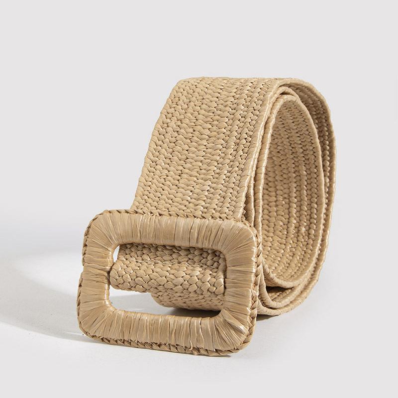 Boho Belt Vacation Style Natural Round Buckle Shell Pp Grass Elastic Women's Belt