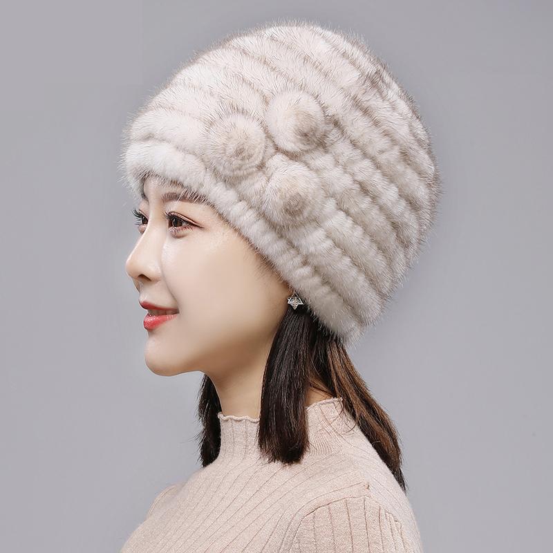 Russian Winter Women Real Mink Fur Hat Outdoor Keep Warm 100% Real Mink Fur Hats Lady Knitted Natural Mink Fur Cap