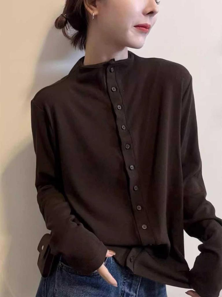A/W White Half-High Collar Long Sleeve Button-Up Women's Slimming Cardigan Top