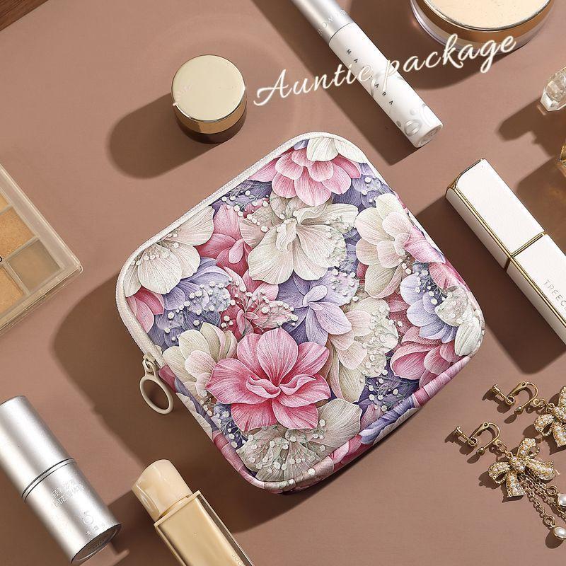 Creative Pvc Sanitary Pads Bag  Floral Print Large Capacity Multipurpose Coin Purse Portable Cosmetic Storage Bag