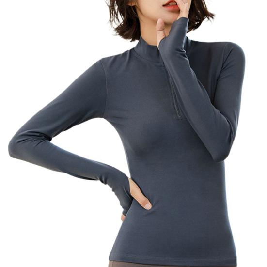 T-shirt da Donna a Manica Lunga, Colore Unico, Mezza Zip, Asciugatura Rapida, Blusa da Fitness e Palestra