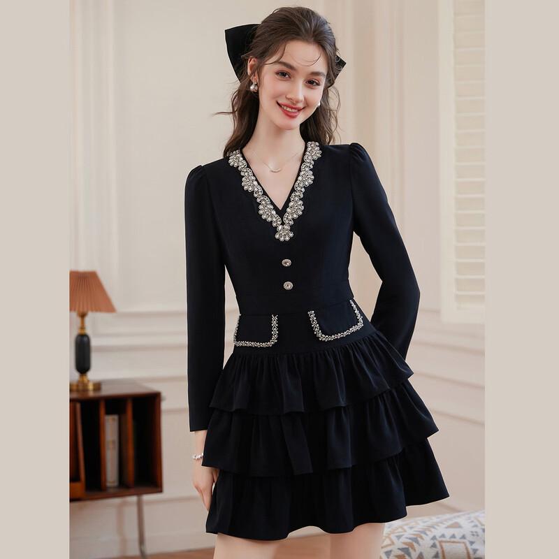 Women s French Style V-Neck Long Sleeve Slim Fit Mid-Length Dress L