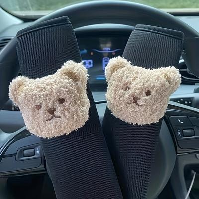2pcs Cute Cartoon Bear Plush Car Seat Belt Shoulder Pads, Polyester Fiber Comfortable Cushion Covers for Seat Belt Protection