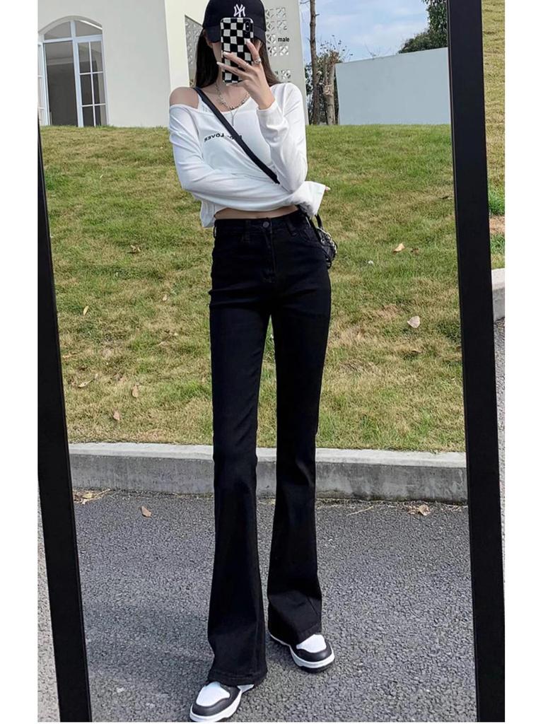 Damen High-Waist Schwarze Micro-Flare Jeans Frühjahr 2025 - Schlankmachende Stretch Schlaghose im koreanischen Stil