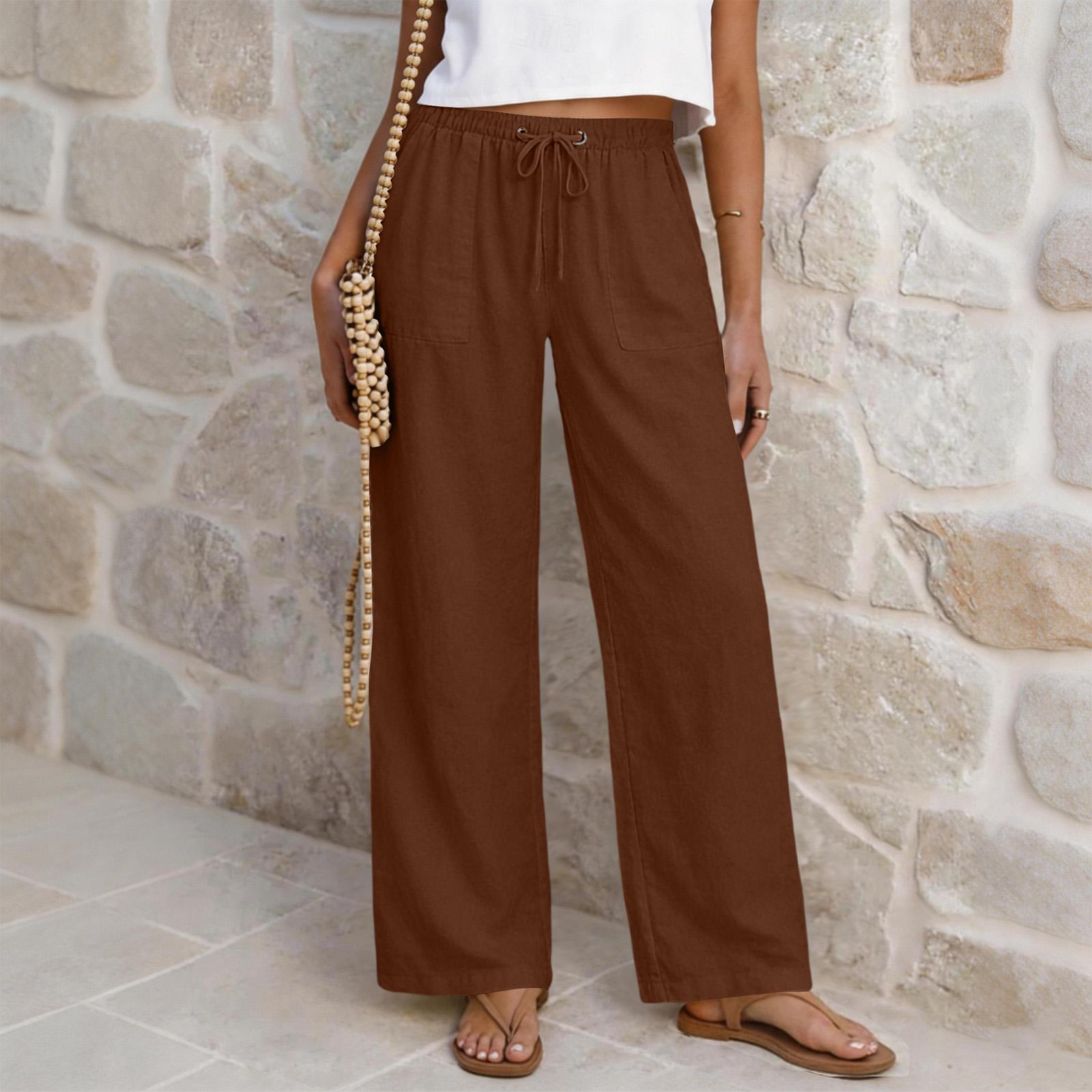 

Women s Casual Drawstring Waist High Waist Wide Leg Pants Loose Fit Straight Leg Trousers Lightweight Comfortable Everyday Wear XXXL коричневый