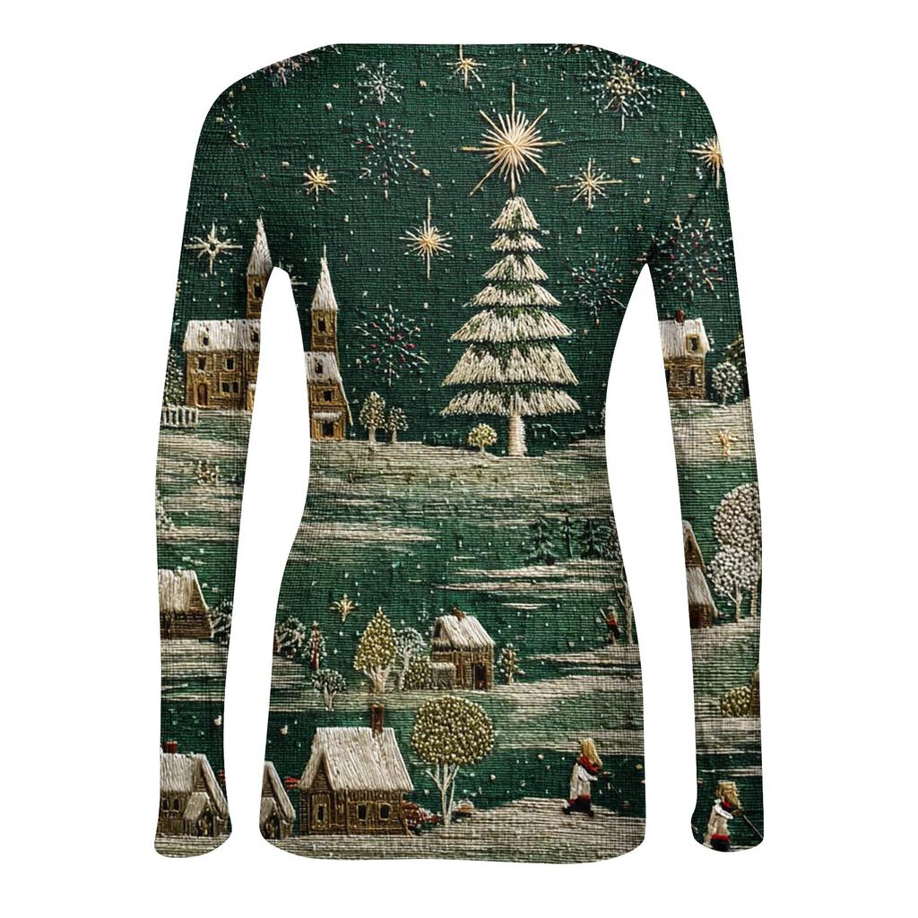 Women's  Slim Bottom T-shirt Fashion Casual Gradient Printing Round Neck Pullover Long Sleeve Top