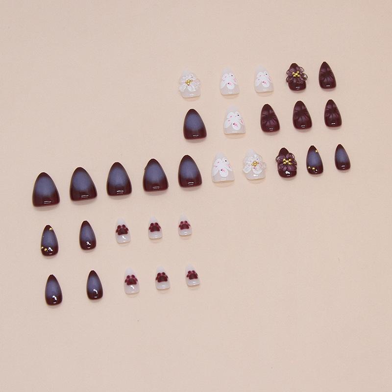 Söta Kattass- & Körsbärsblom 3D Nageldekorationsplåster - Mandelformade Bärbara & Avtagbara Nageltippar, Set om 30