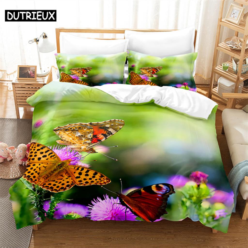 Butterfly Scenery Queen Bedding Set Duvet Cover Kids Bedroom Bed Set Comforter Cover Set King Size Duvet Cover Set Bedding Sets