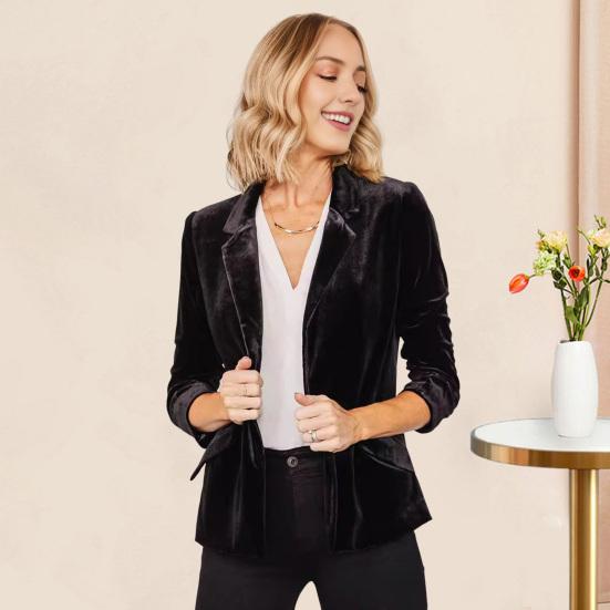 Women's Velvet Blazer Ruched 45720 Sleeve Lapel Open Front Cardigan