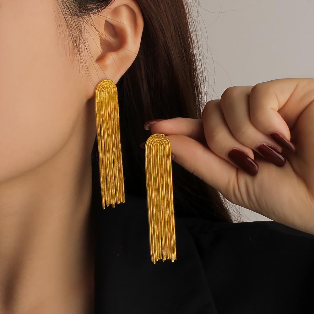 Mei Shi Duo European 18K Gold Tassel Earrings, Stainless Titanium Steel, Fashionable Long Dangle Accessories for Women