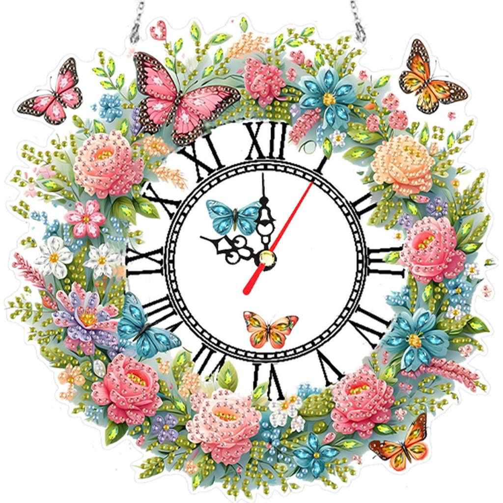 2D Flat DIY Wreath Irregular Shaped Drilling Diamond Painting Clock Pendant 5D Hanging Clock Art Craft for Home Decoration