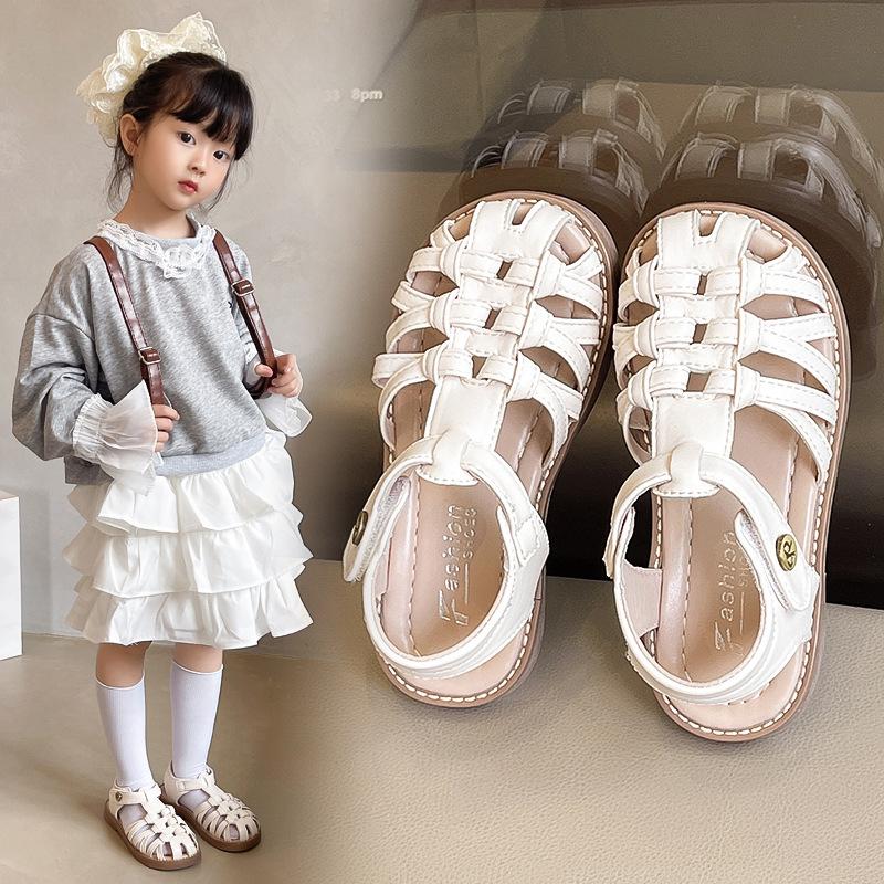 Girls princess sandals 2025 new summer children's toe shoes fashion woven Roman sandals girls beach shoes