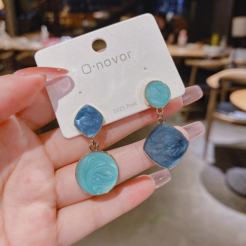

New Asymmetrical Enamel Dangle Earrings for Women Korean Blue Round Pendants Geometric Drop Earrings boucle oreille femme