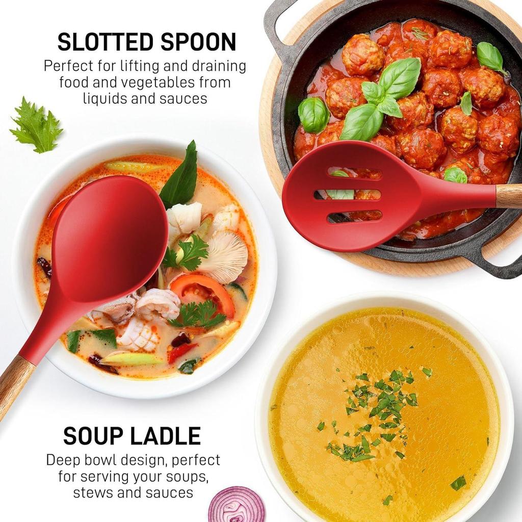 Non-Stick Silicone Cooking Utensils Set, 5 Pcs With Wooden Handle, Heat Resistant Silicone Kitchen Gadgets (Red, 5)